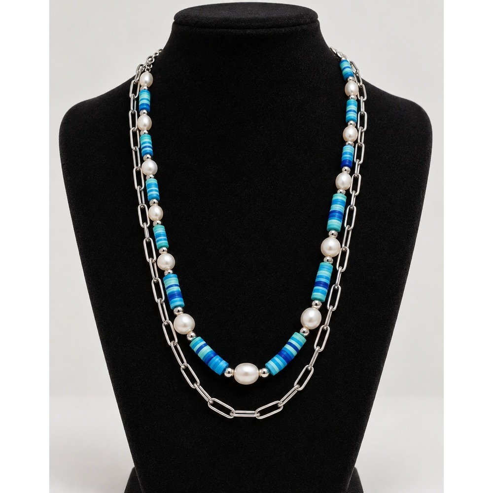 Blue Heishi Bead and Faux Pearl Layered Necklace Silver Tone Paperclip Chain